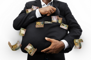 Black Businessman holding black bag full of Jordanian dinar notes isolated on transparent background, money falling from bag png