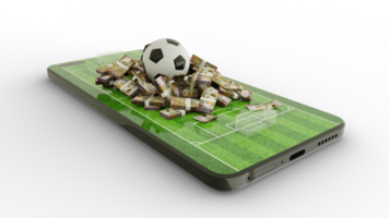 3d rendering of Mobile phone Soccer betting. Football and Jordanian dinar notes on phone screen. Soccer field on smartphone screen isolated on transparent background. bet and win concept png