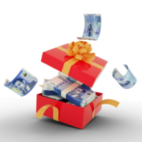 Moroccan dirham notes inside an open red gift box. Moroccan dirham inside and flying around a gift box. 3d rendering of money inside box isolated on transparent background png