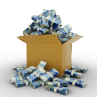 3d rendering of cardboard box full of Moroccan Dirham notes isolated on a transparent background png