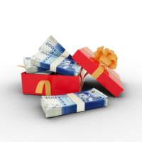 Stack of Moroccan dirham notes inside an open red gift box. Bundles of Moroccan dirham inside a gift box. 3d rendering of money inside box isolated on transparent background png