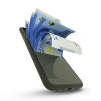 3D rendering of Moroccan dirham notes inside a mobile phone. money coming out of mobile phone png