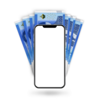3d Illustration of Moroccan dirham notes behind mobile phone png