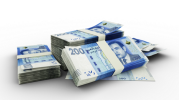 3D Stack of 200 Moroccan dirham notes isolated on transparent background png