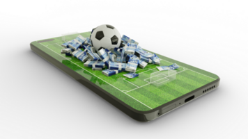 3d rendering of soccer field on mobile phone screen. Moroccan dirham notes with Football on phone screen. Soccer pitch on smartphone screen isolated on transparent background. bet and win concept png