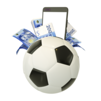 3d rendering of Moroccan dirham notes and phone behind soccer ball. Sports betting, soccer betting concept isolated on transparent background. mockup png