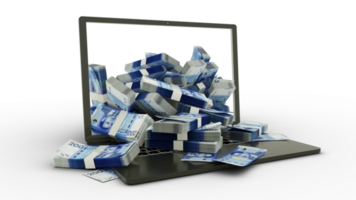 3D rendering of Moroccan dirham notes coming out of a Laptop monitor isolated on transparent background. stacks of Moroccan dirham notes inside a laptop. money from computer, money from laptop png
