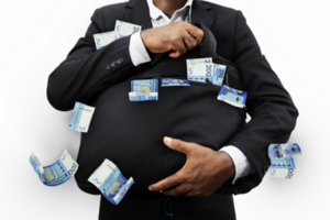 Black Businessman holding black bag full of Moroccan dirham notes isolated on transparent background, money falling from bag png