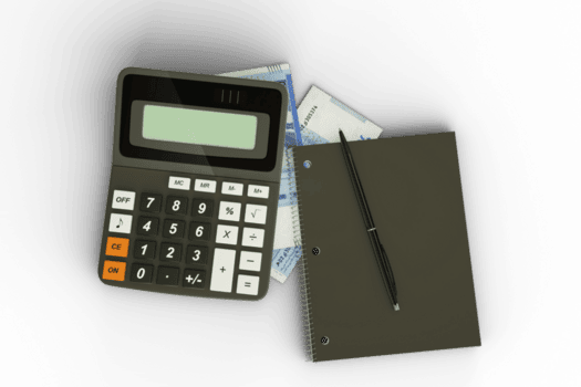 3D rendering of a composition of Moroccan Dirham notes, a calculator, a note book and a pen isolated on transparent background. Tax background design concept png