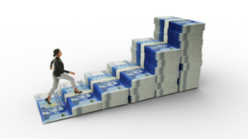 Business woman climbing stairs made of Moroccan dirham notes. 3D rendering of money arranged in the shape of a financial growth graph icon. Business growth concept png
