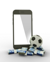 3D rendering of a mobile phone with soccer ball and stacks of Moroccan Dirham notes isolated on transparent background. png