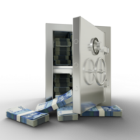 Bundles of Moroccan Dirham in Steel safe box. 3D rendering of stacks of money inside metallic vault isolated on white background, Financial protection concept, financial safety png