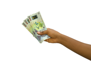 Fair hand holding 3D Romanian Leu rendered on transparent background png