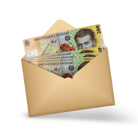 Romanian Leu notes inside an open brown envelope. 3D illustration of money in an open envelope png