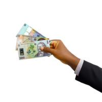Black Hand with suit holding 3D rendered 20000 Romanian Leu notes isolated on transparent background png