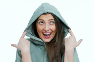 Isolated picture of brunette woman on white background in hoodie photo