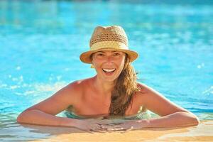 Close up images of a woman in the pool photo