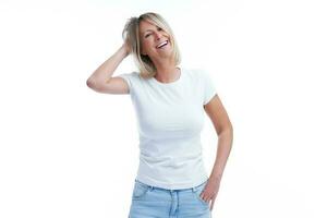 Picture of blonde woman over back isolated background making happy faces photo