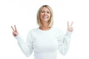 Picture of blonde woman isolated over white background photo