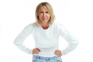 Picture of angry blonde woman isolated over white background photo