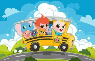 grupo de niños montando un colegio autobús vector