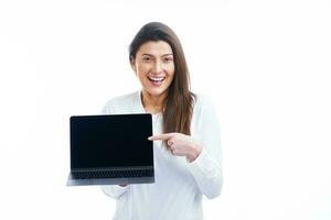 Isolated picture of brunette woman on white background with computer photo
