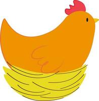 Vector illustration of orange chicken character in nest in cartoon style. Vector template of chicken in nest for Easter design