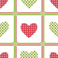 Vector seamless pattern with checkered hearts and lines in patchwork cartoon style. Vector seamless background with checkered red and green hearts for Valentines day