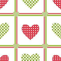 Vector seamless pattern with checkered hearts and lines in patchwork cartoon style. Vector seamless background with checkered red and green hearts for Valentines day