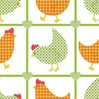 Vector seamless pattern with checkered chickens characters and hearts in vintage style for Easter design. Digital print with checkered chickens in cartoon style for textile and fabric design