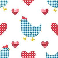 Vector seamless pattern with checkered chickens characters and hearts in vintage style for Easter design. Digital print with checkered chickens in cartoon style for textile and fabric design