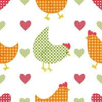 Vector seamless pattern with checkered chickens characters and hearts in vintage style for Easter design. Digital print with checkered chickens in cartoon style for textile and fabric design