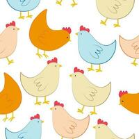 Vector seamless pattern with standing and walking chickens characters in cartoon style. Digital seamless design with farm poultry