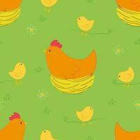 Vector seamless pattern with chicken characters in nests and chicks in green grass in cartoon style. Vector background with chickens in nests for Easter design