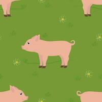 Vector seamless pattern with pig characters in cartoon style in grass with daisy flowers. Vector background with piglets