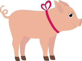 Vector illustration of pig character in cartoon style with pink bow.