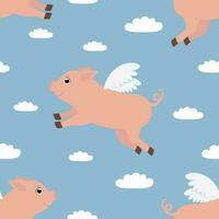 Vector seamless pattern with flying pigs characters with wings in cartoon style. Vector background with flying piggies under the clouds