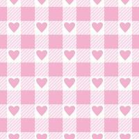 Vector seamless pattern with gingham check and hearts in pink and white colours for Valentines day