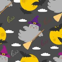 Vector seamless Halloween pattern with ghosts characters, bats and moon in cartoon style