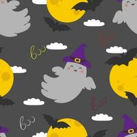 Vector seamless Halloween pattern with ghosts characters, bats and moon in cartoon style