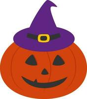 Vector illustration of halloween pumpkin with hat in cartoon style. Vector jack o lantern character design