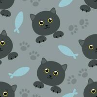 Vector seamless pattern with black cats characters, paws and fish in cartoon style for fabric and textile design