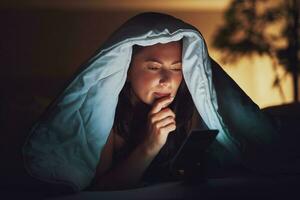 mujer a noche en cama con teléfono foto