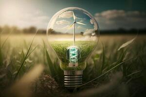 Green energy concept. Electric lightbulb and wind turbines in field. photo