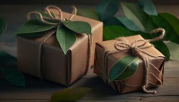 arte regalo cajas y verde hojas. eco paquete. ai generativo foto