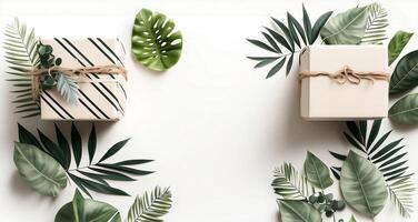 Craft gift boxes with green branches and leaves. Flat lay mockup. photo