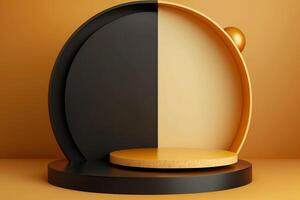 Black and orange circle podium pedestal for product display on orange background. photo