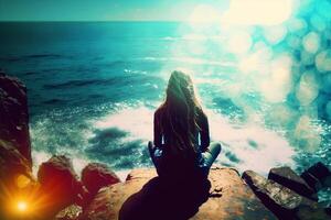 Girl meditating sitting on stone in lotus position on ocean shore. View from behind. photo