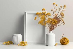 White thin vertical frame mock up beside concrete vase with dry flowers over white wall. photo