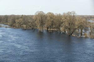 Floods in the spring forest. Sunny spring day and blue sky. Waves on the water. View from above. Photo in high quality. Horizontal